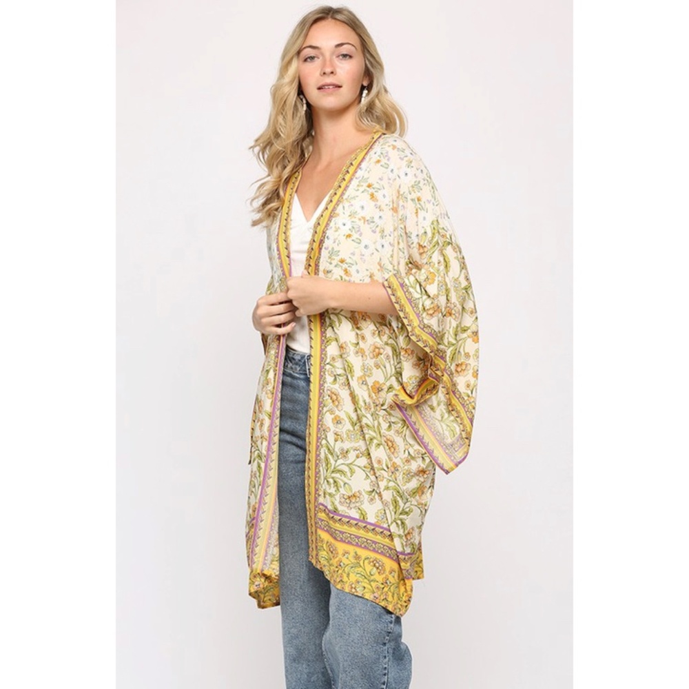 SOLD OUT Yellow Golden Bohemian Floral 3/4 Sleeve Open Kimono Casual Wrap - Picture 3 of 5